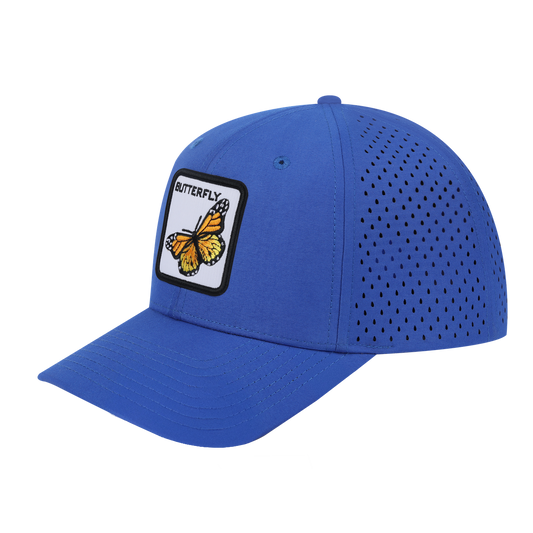 Butterfly 6-Panel Microfiber Laser Hole Trucker Hat with Royal Blue front and Royal Blue back