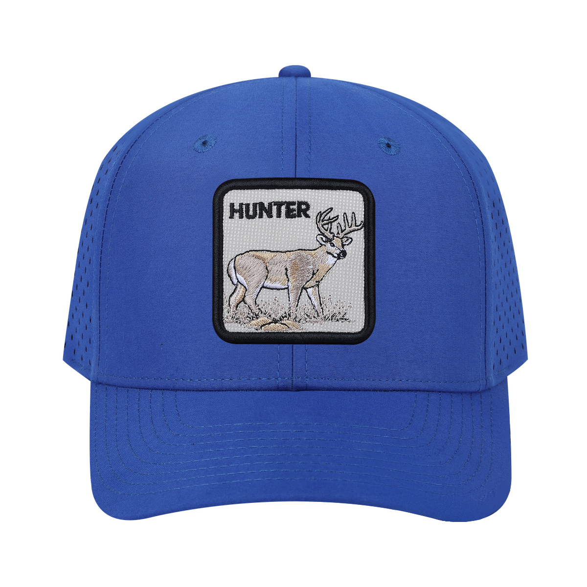 Hunter 6-Panel Microfiber Laser Hole Trucker Hat with Royal Blue front and Royal Blue back