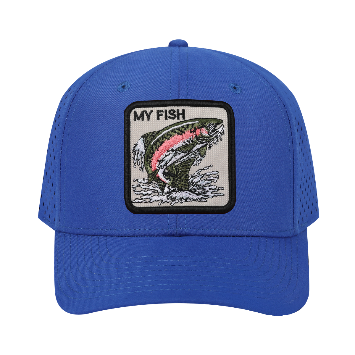 My Fish 6-Panel Microfiber Laser Hole Trucker Hat with Royal Blue front and Royal Blue back