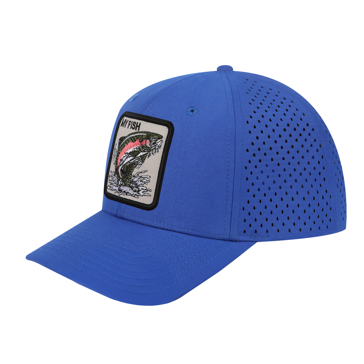 My Fish 6-Panel Microfiber Laser Hole Trucker Hat with Royal Blue front and Royal Blue back