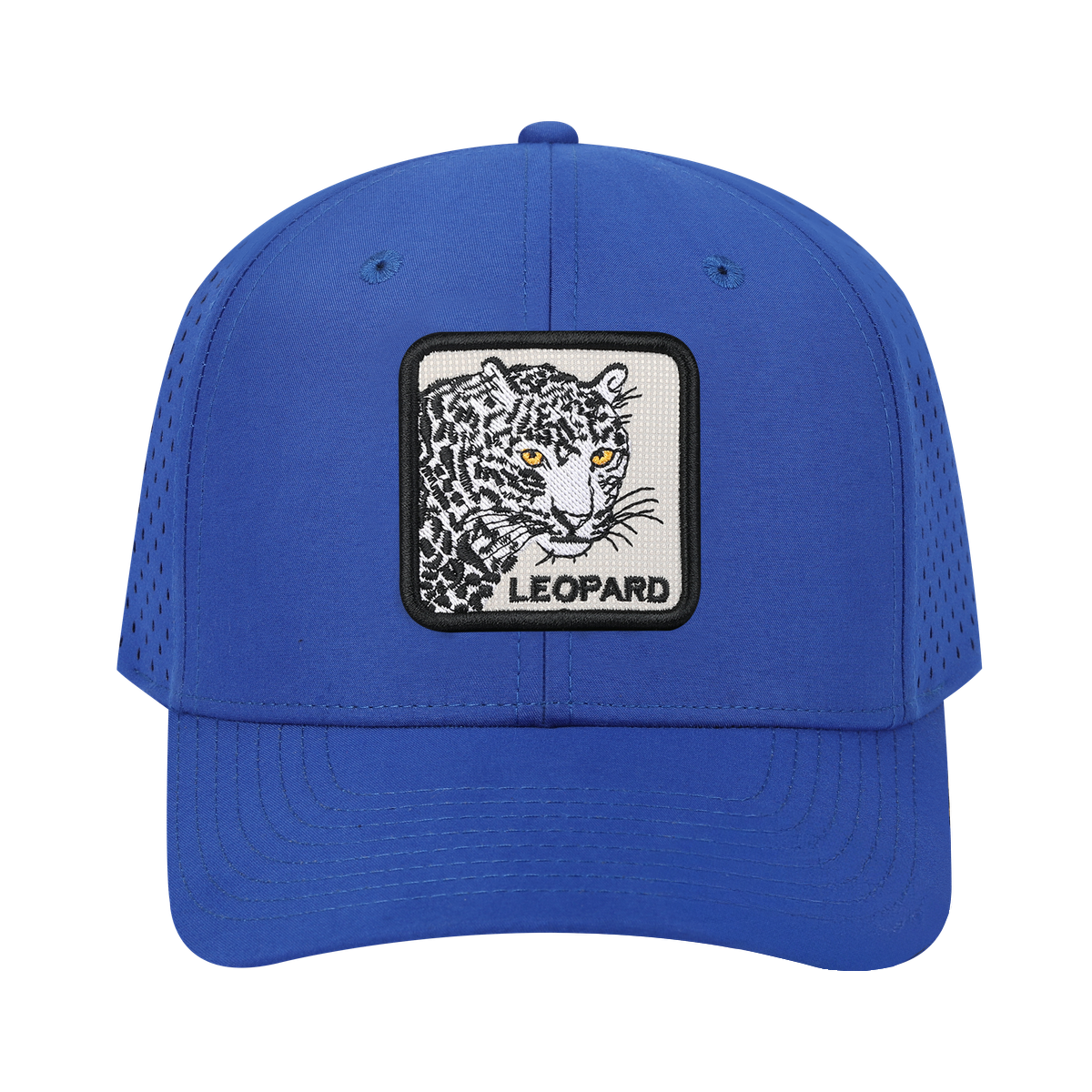 Leopard 6-Panel Microfiber Laser Hole Trucker Hat with Royal Blue front and Royal Blue back