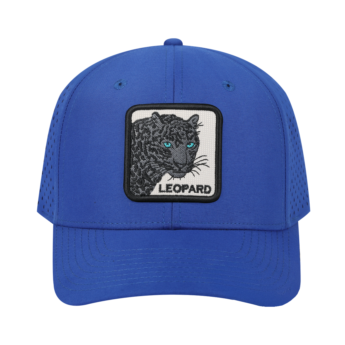 Leopard V2 6-Panel Microfiber Laser Hole Trucker Hat with Royal Blue front and Royal Blue back