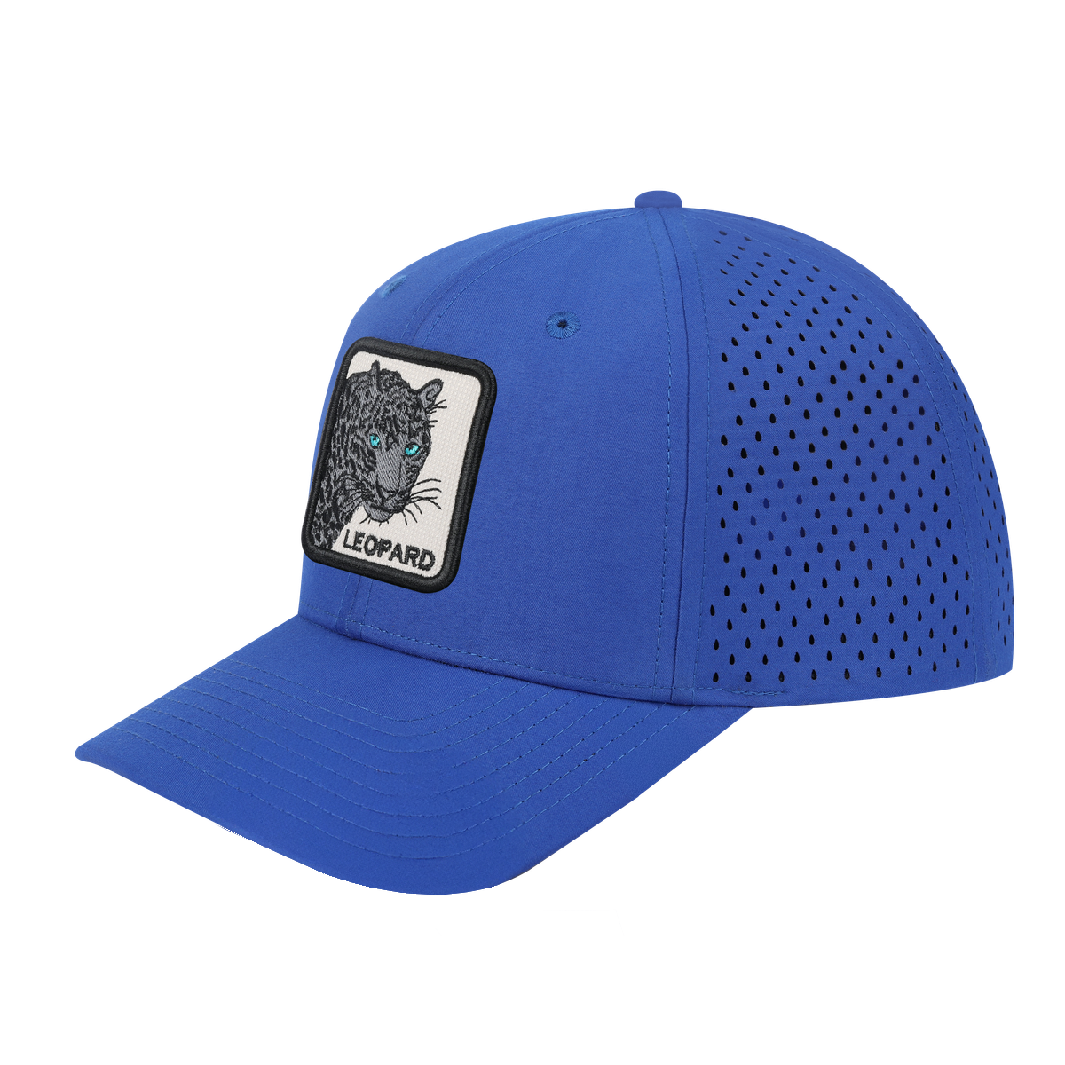 Leopard V2 6-Panel Microfiber Laser Hole Trucker Hat with Royal Blue front and Royal Blue back