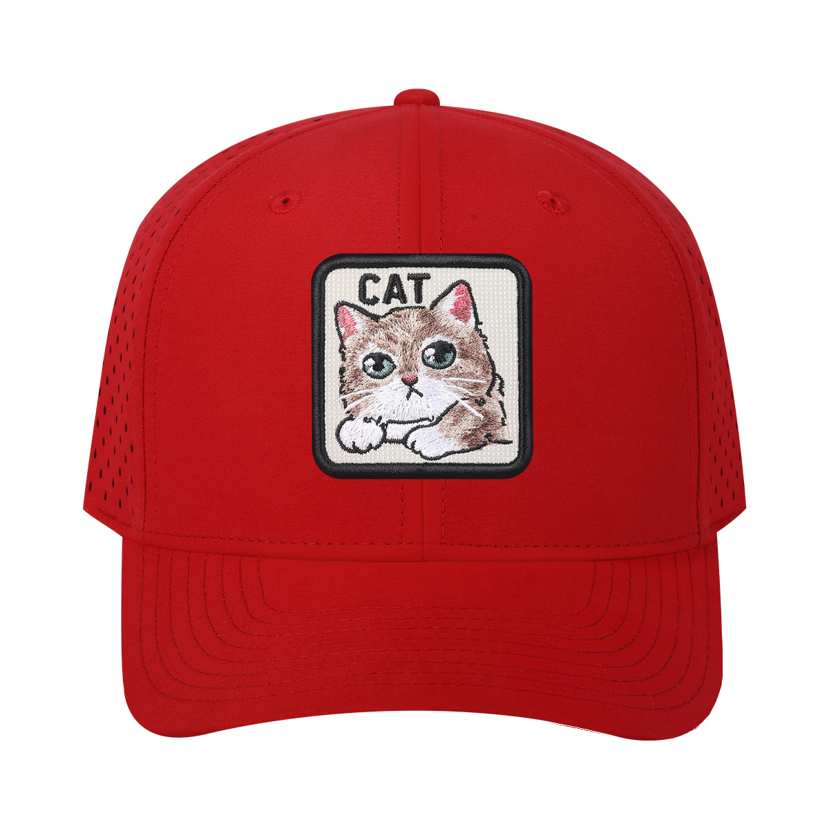 Cat 6-Panel Microfiber Laser Hole Trucker Hat with Red front and Red back