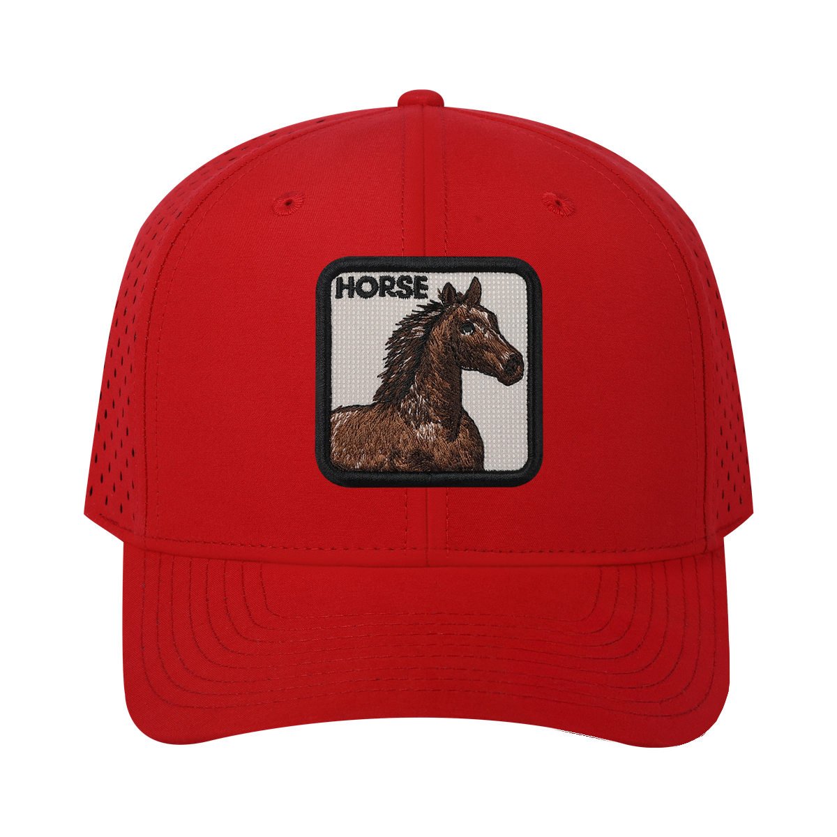 Horse 6-Panel Microfiber Laser Hole Trucker Hat with Red front and Red back