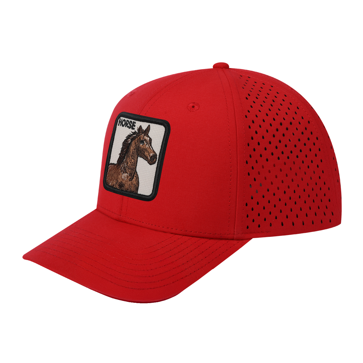 Horse 6-Panel Microfiber Laser Hole Trucker Hat with Red front and Red back
