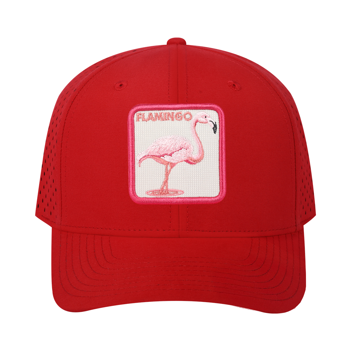 Flamingo 6-Panel Microfiber Laser Hole Trucker Hat with Red front and Red back