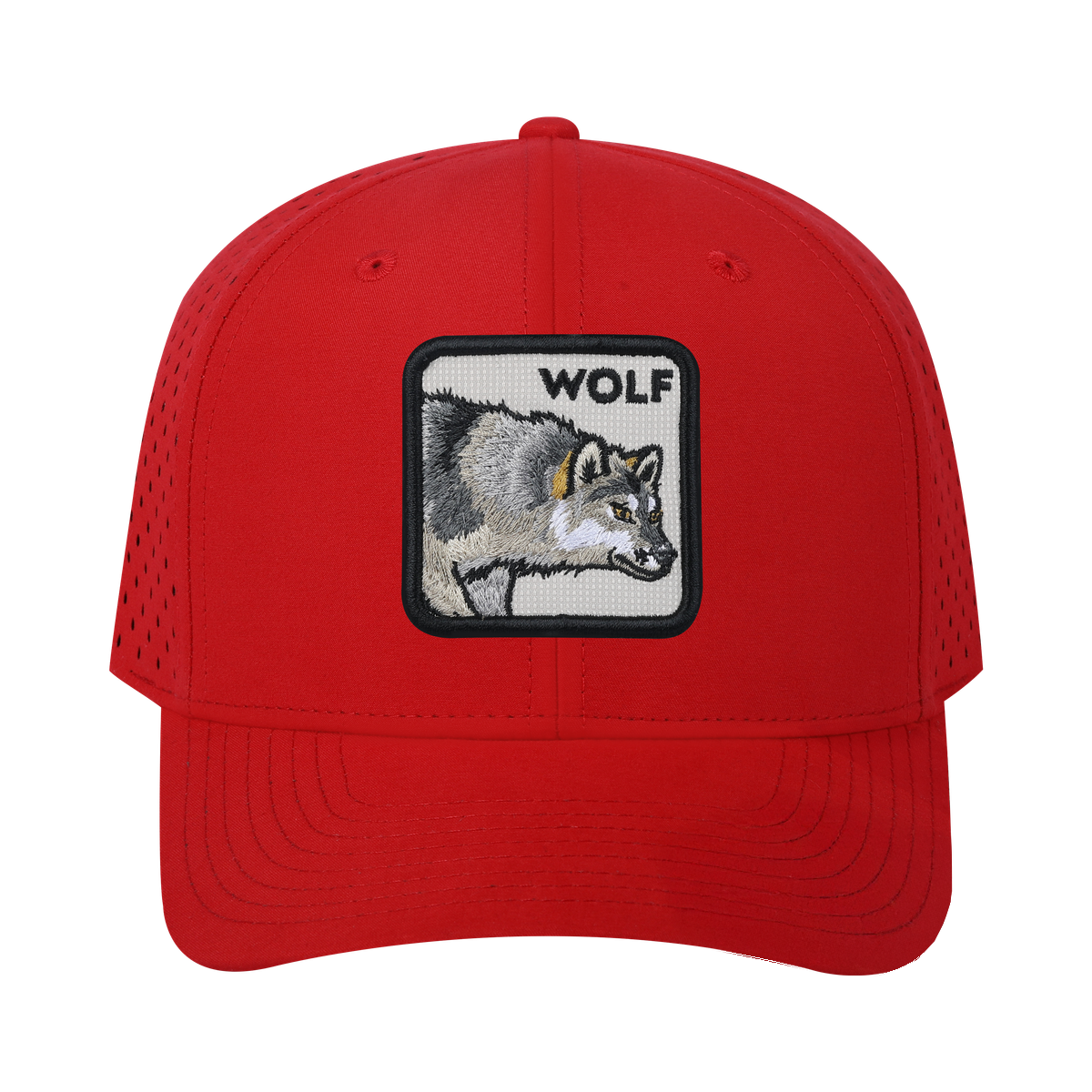 Wolf 6-Panel Microfiber Laser Hole Trucker Hat with Red front and Red back