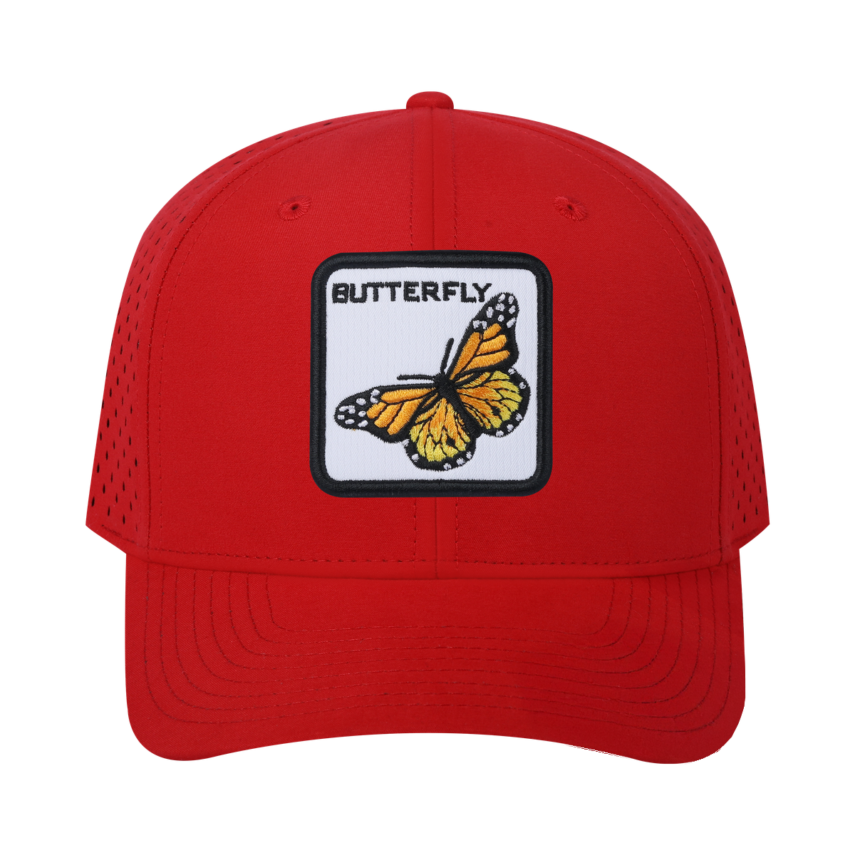 Butterfly 6-Panel Microfiber Laser Hole Trucker Hat with Red front and Red back