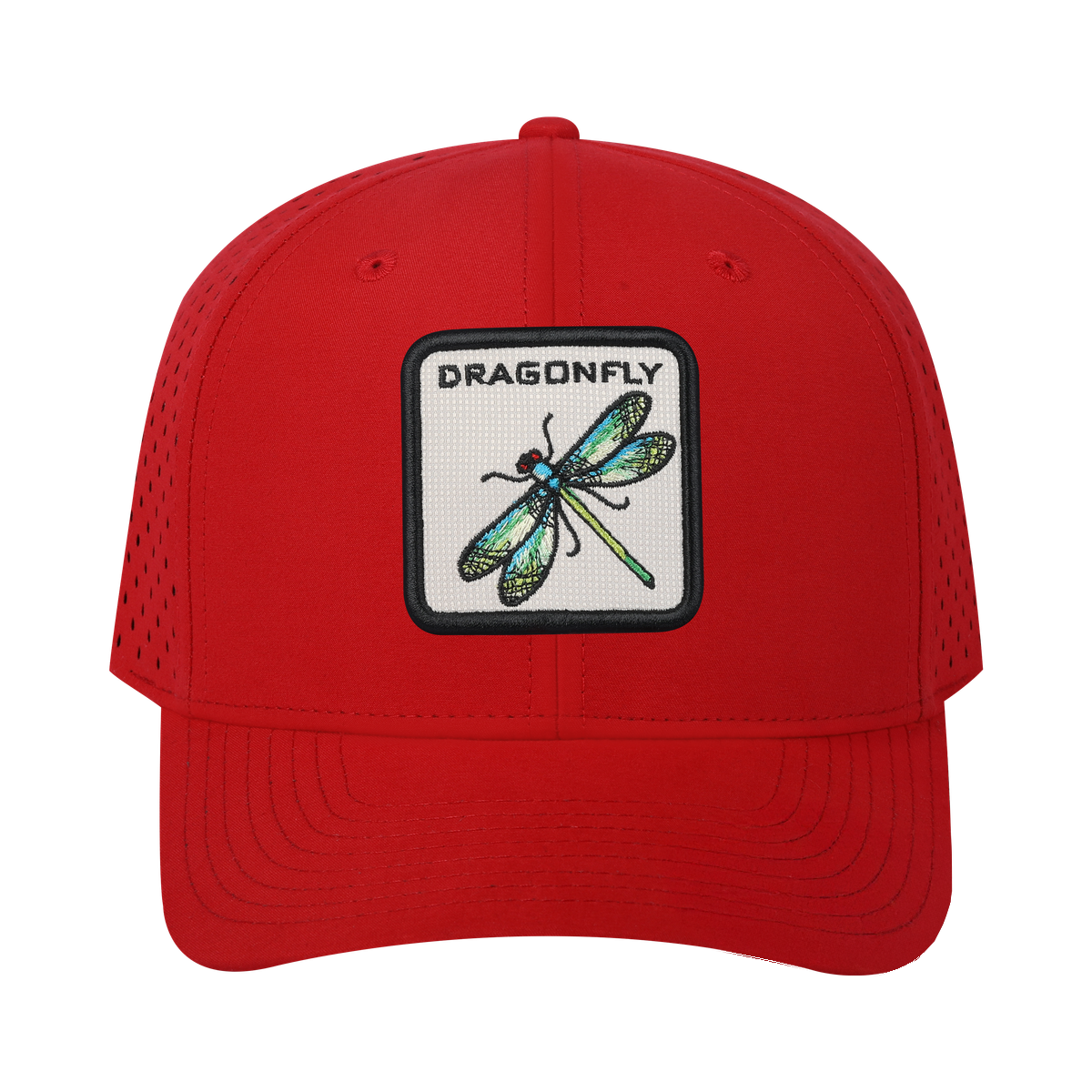 Dragonfly 6-Panel Microfiber Laser Hole Trucker Hat with Red front and Red back
