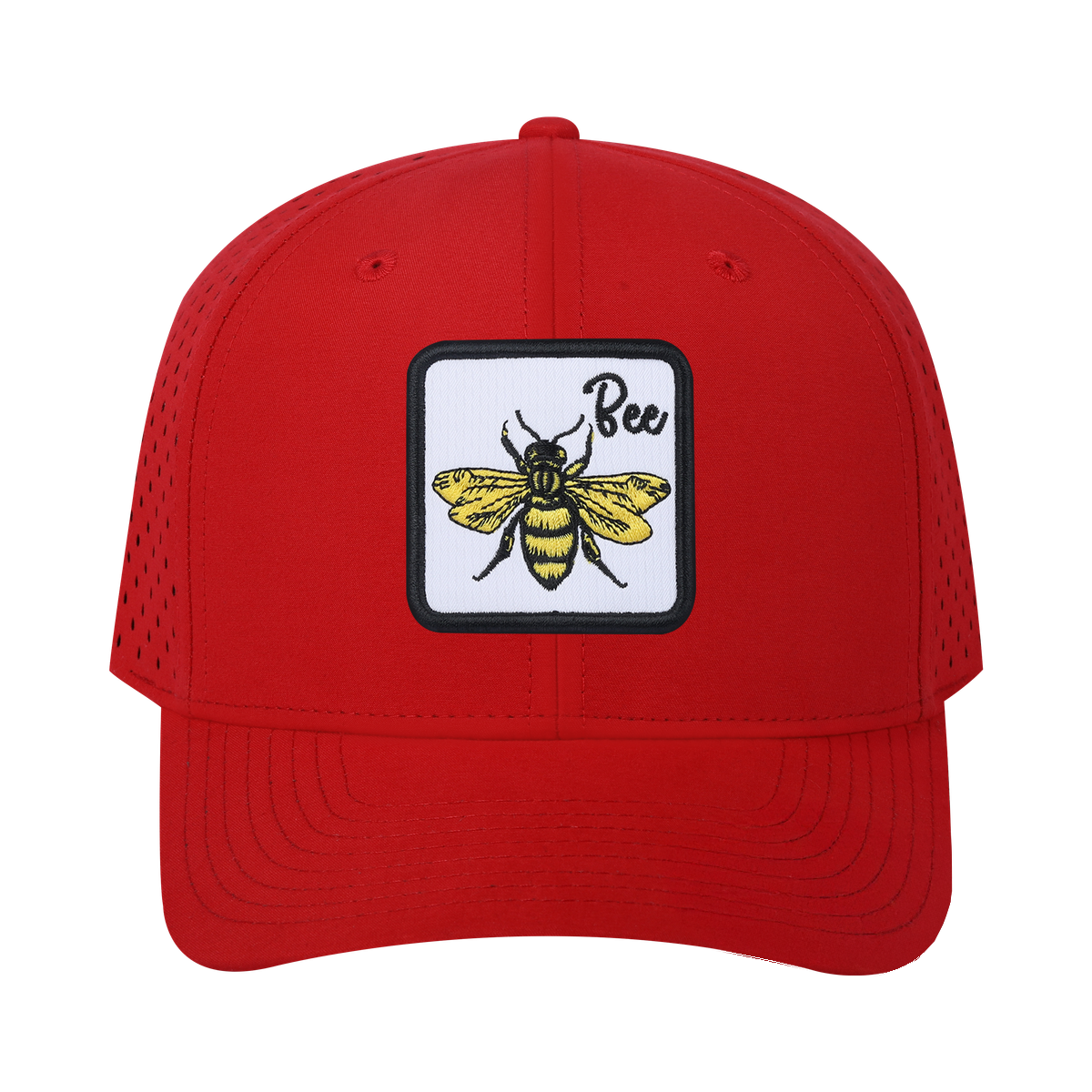 Bee 6-Panel Microfiber Laser Hole Trucker Hat with Red front and Red back