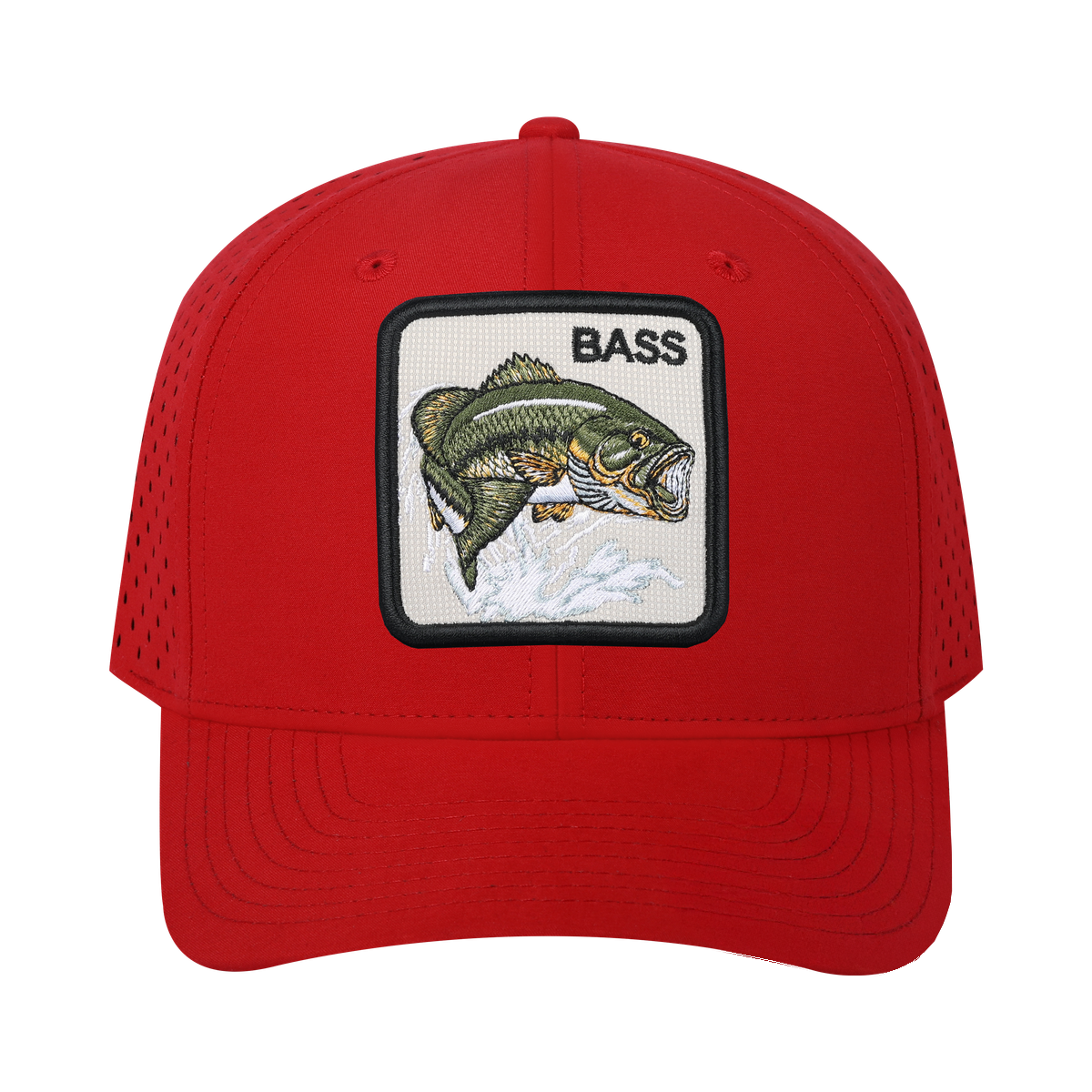 Bass 6-Panel Microfiber Laser Hole Trucker Hat with Red front and Red back