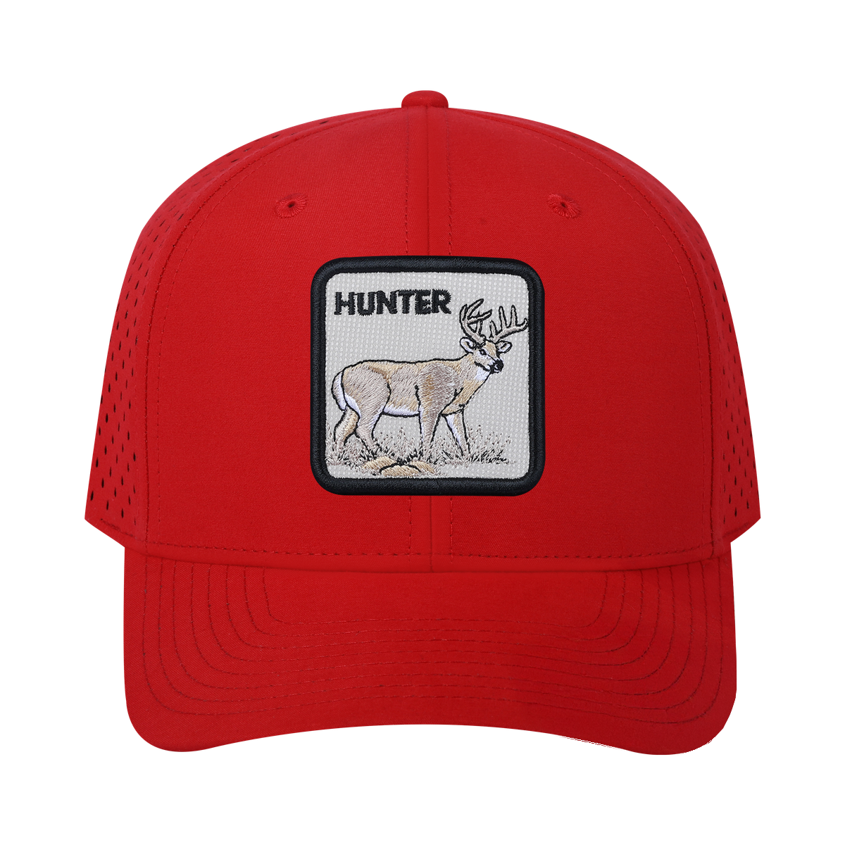 Hunter 6-Panel Microfiber Laser Hole Trucker Hat with Red front and Red back