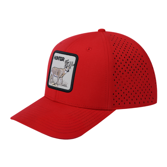 Hunter 6-Panel Microfiber Laser Hole Trucker Hat with Red front and Red back