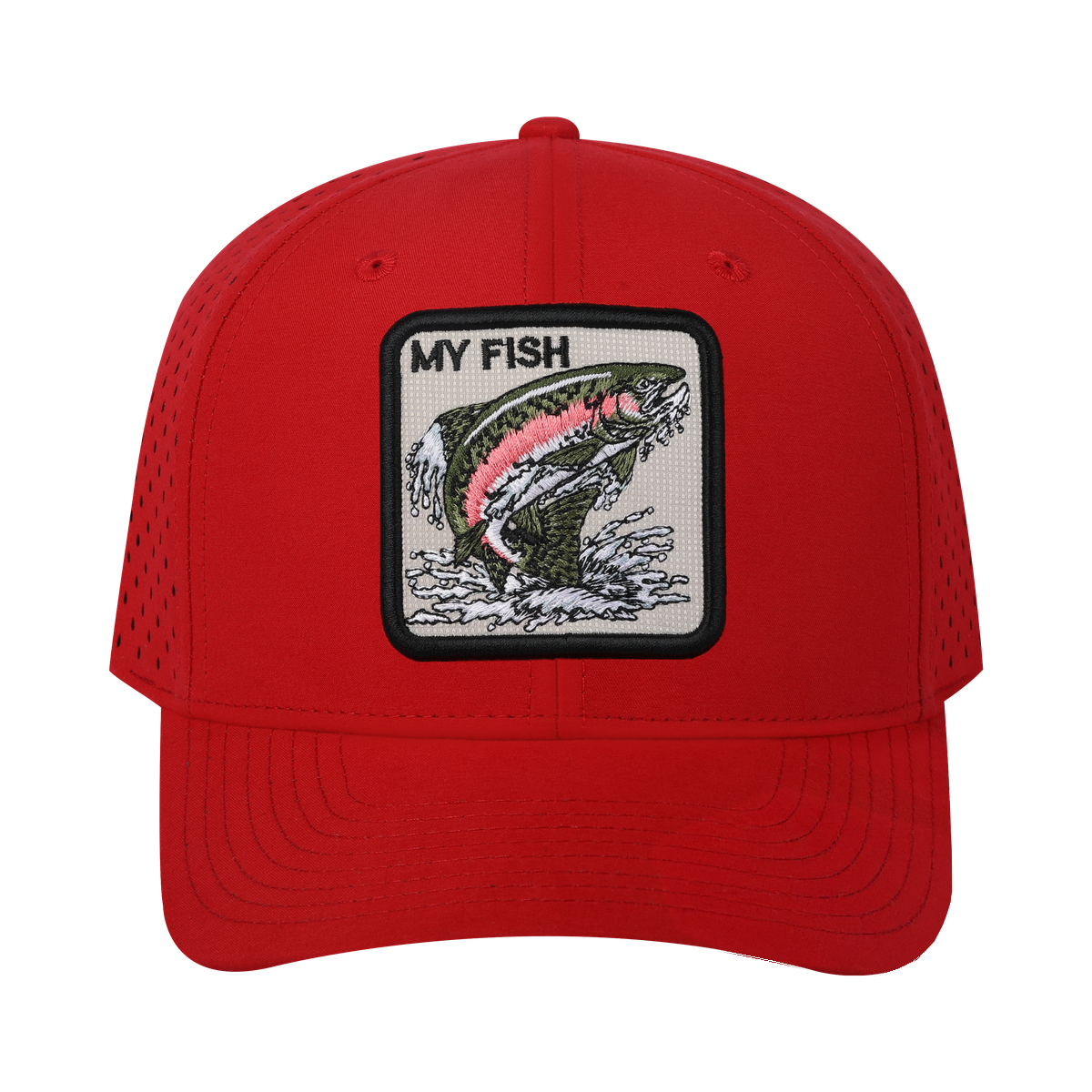 My Fish 6-Panel Microfiber Laser Hole Trucker Hat with Red front and Red back
