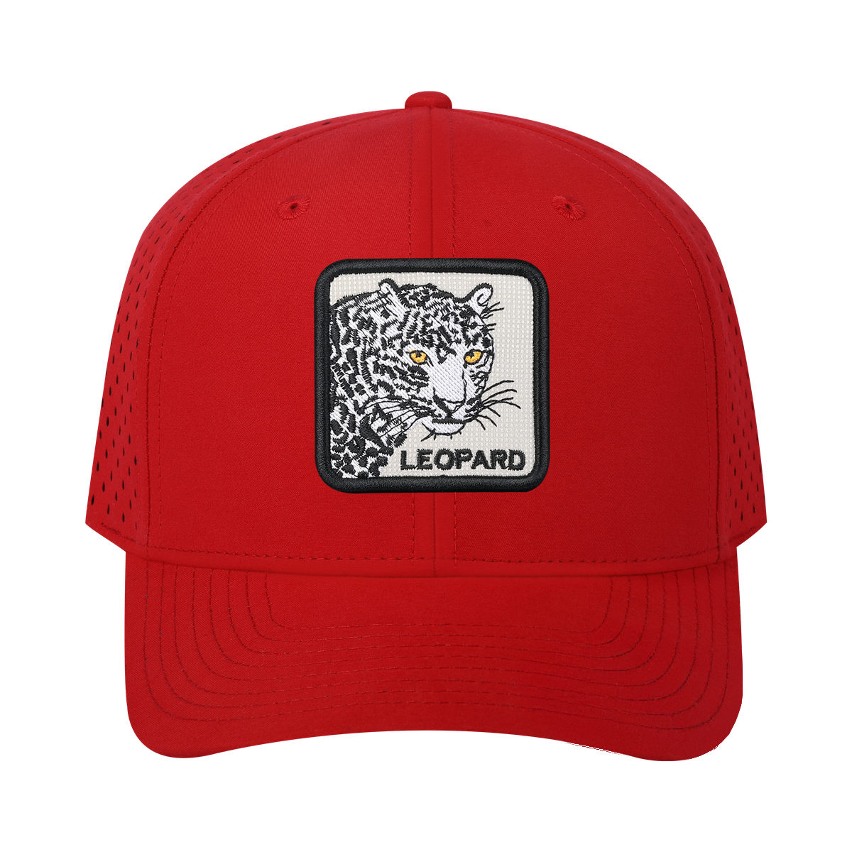 Leopard 6-Panel Microfiber Laser Hole Trucker Hat with Red front and Red back