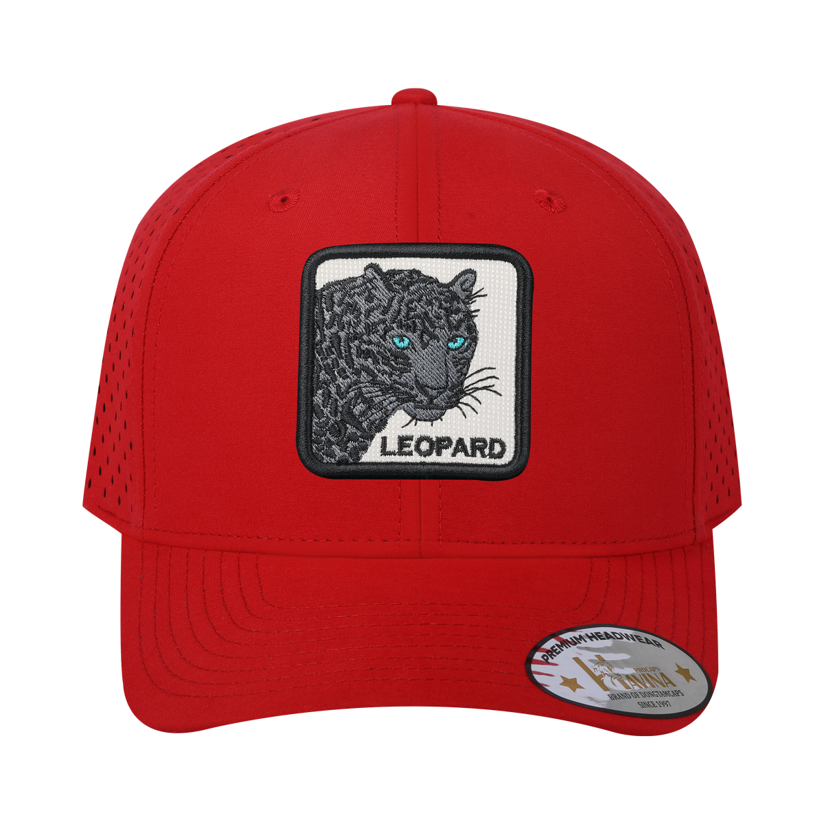 Leopard V2 6-Panel Microfiber Laser Hole Trucker Hat with Red front and Red back