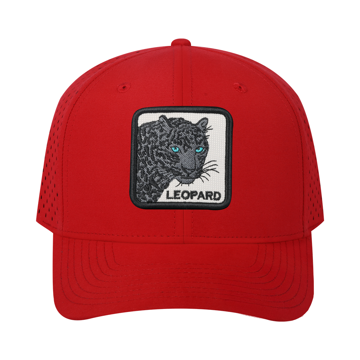 Leopard V2 6-Panel Microfiber Laser Hole Trucker Hat with Red front and Red back