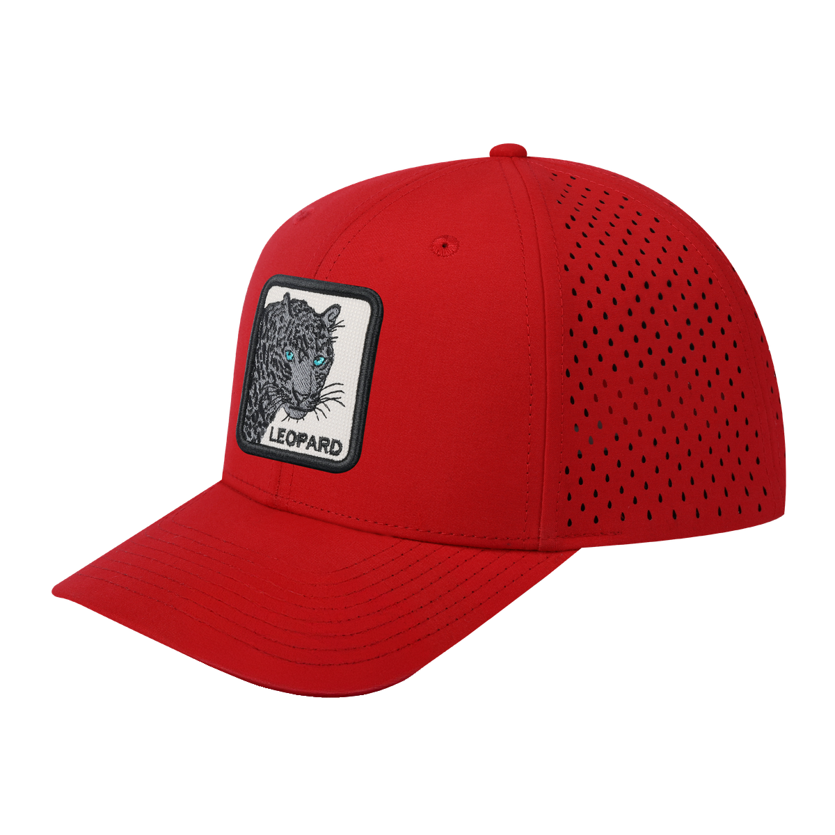 Leopard V2 6-Panel Microfiber Laser Hole Trucker Hat with Red front and Red back
