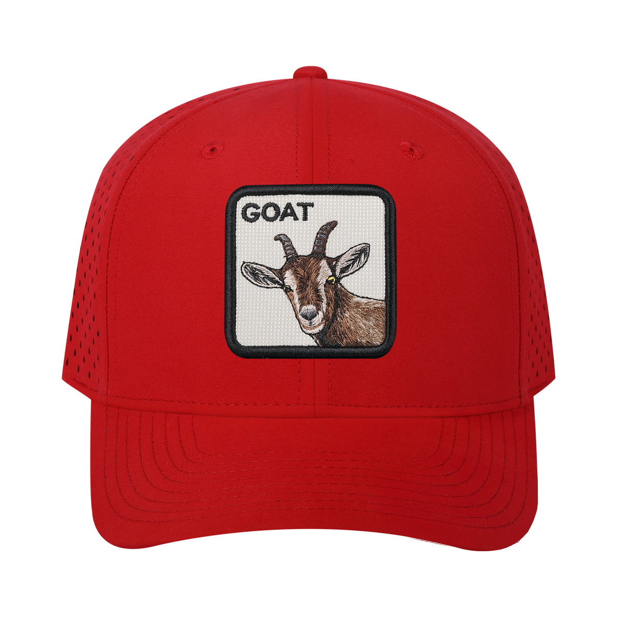 Goat 6-Panel Microfiber Laser Hole Trucker Hat with Red front and Red back