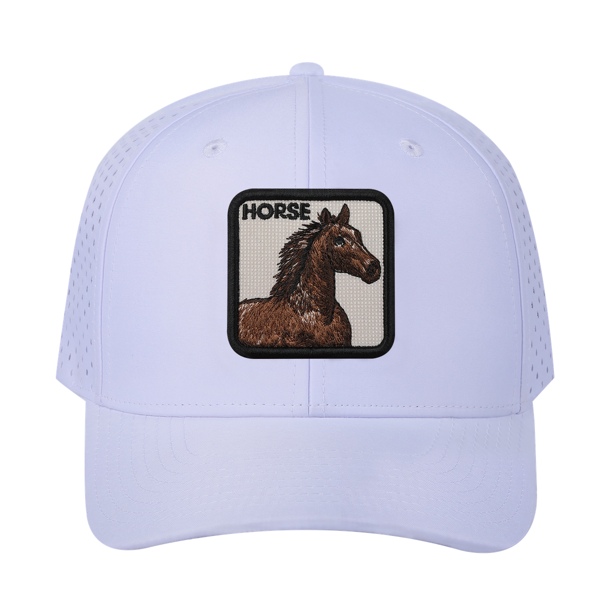 Horse 6-Panel Microfiber Laser Hole Trucker Hat with White front and White back