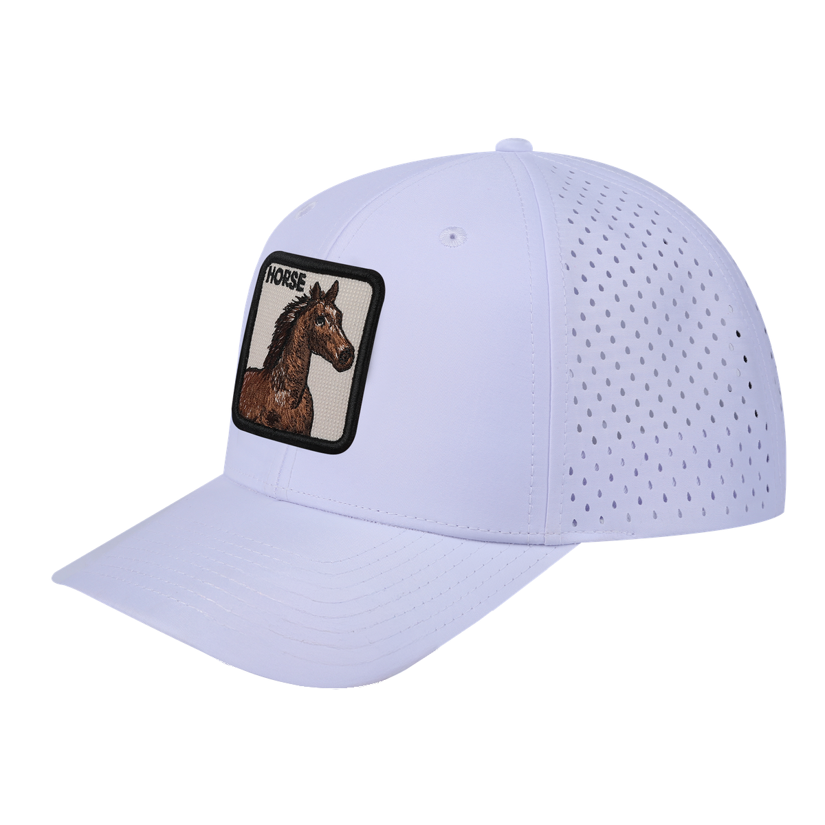 Horse 6-Panel Microfiber Laser Hole Trucker Hat with White front and White back