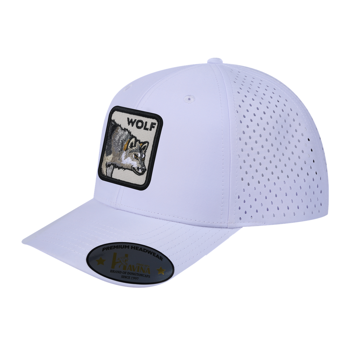Wolf 6-Panel Microfiber Laser Hole Trucker Hat with White front and White back