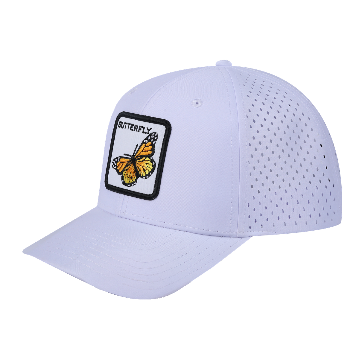 Butterfly 6-Panel Microfiber Laser Hole Trucker Hat with White front and White back