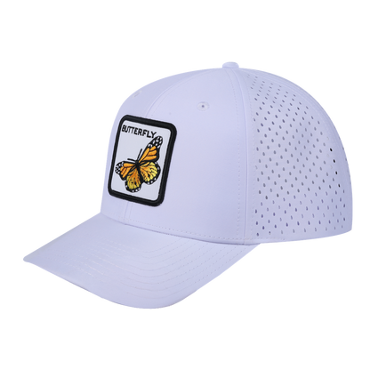 Butterfly 6-Panel Microfiber Laser Hole Trucker Hat with White front and White back