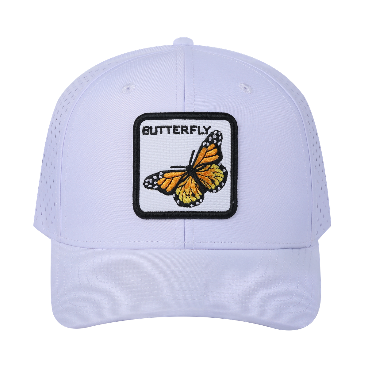 Butterfly 6-Panel Microfiber Laser Hole Trucker Hat with White front and White back