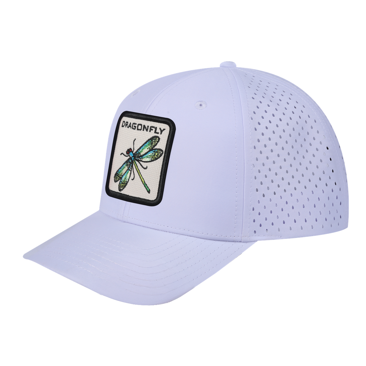 Dragonfly 6-Panel Microfiber Laser Hole Trucker Hat with White front and White back