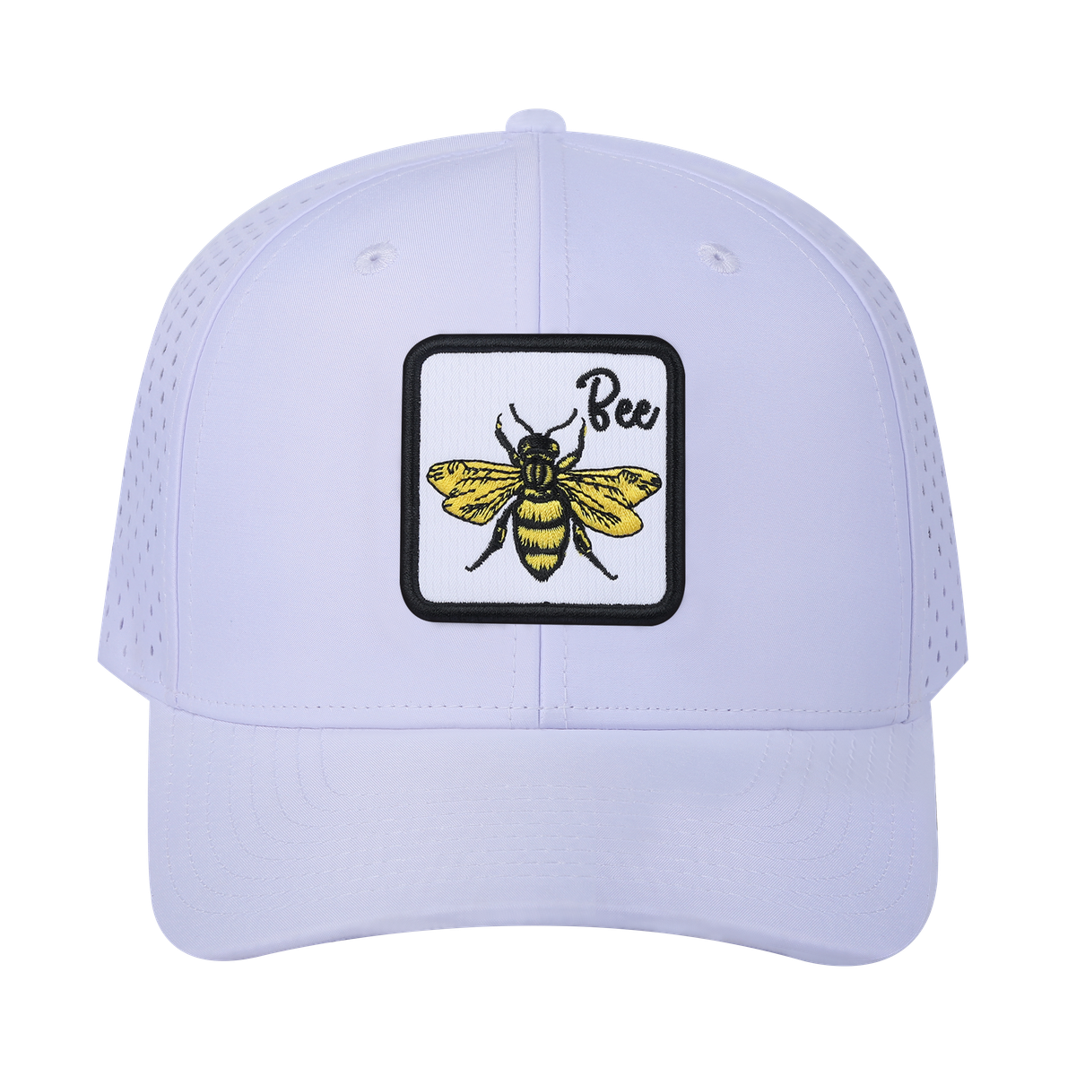 Bee 6-Panel Microfiber Laser Hole Trucker Hat with White front and White back