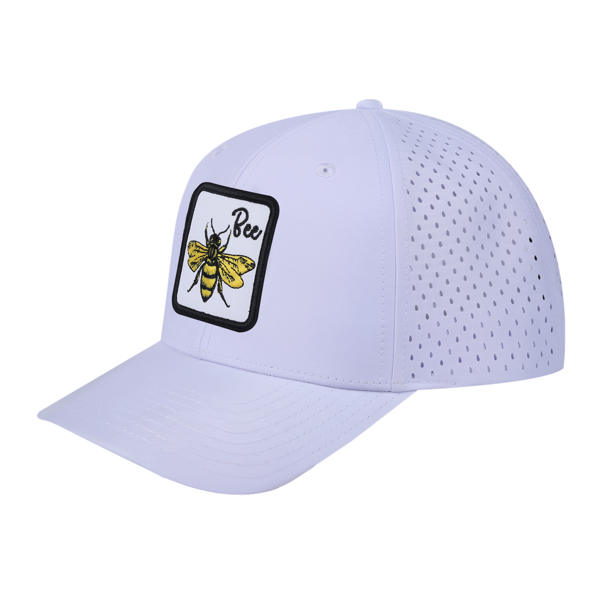 Bee 6-Panel Microfiber Laser Hole Trucker Hat with White front and White back