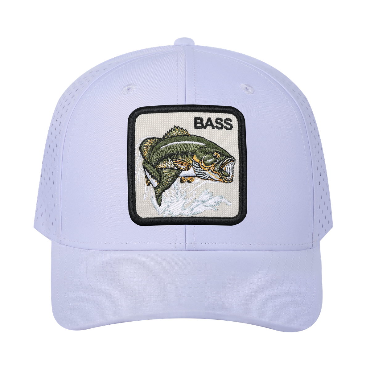 Bass 6-Panel Microfiber Laser Hole Trucker Hat with White front and White back