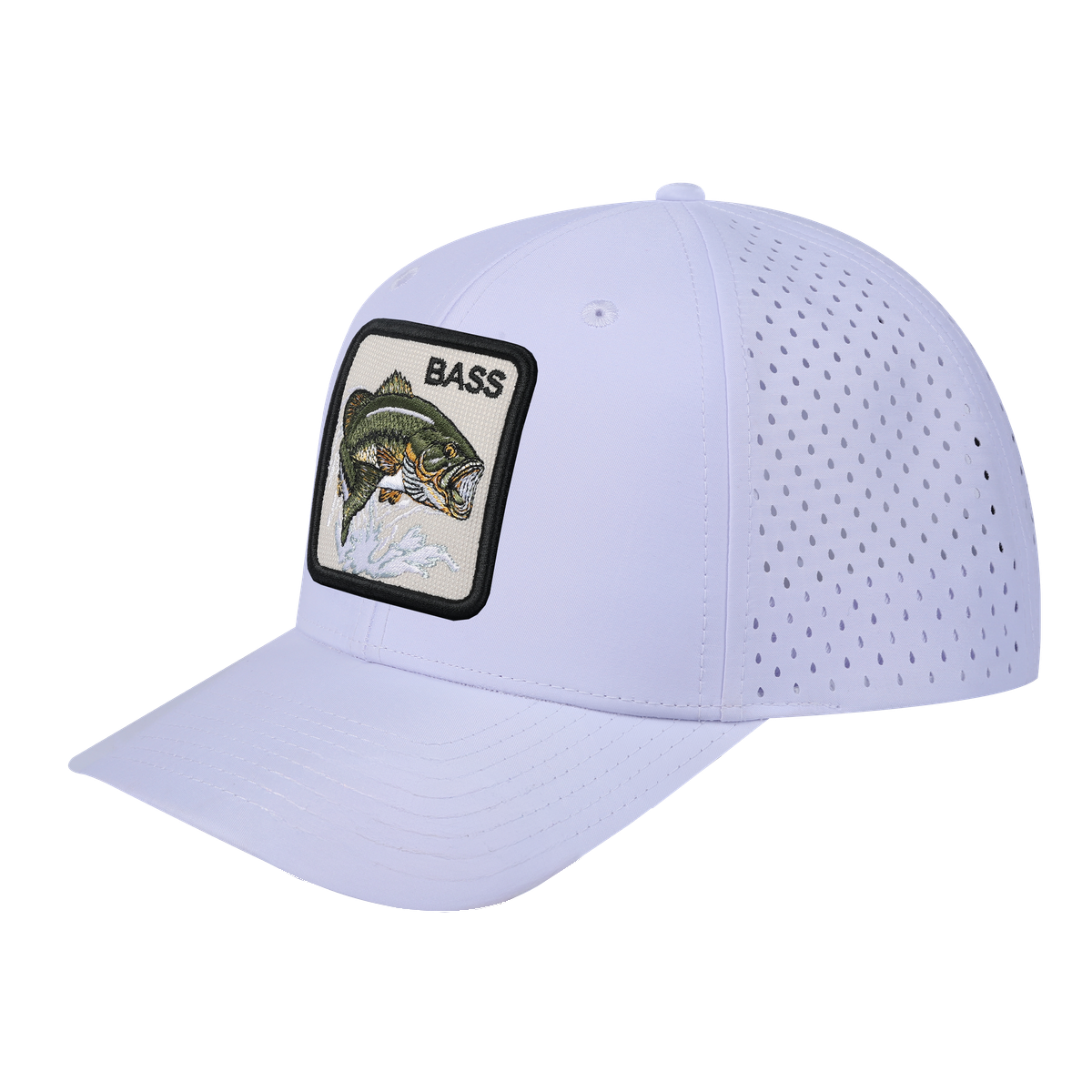 Bass 6-Panel Microfiber Laser Hole Trucker Hat with White front and White back