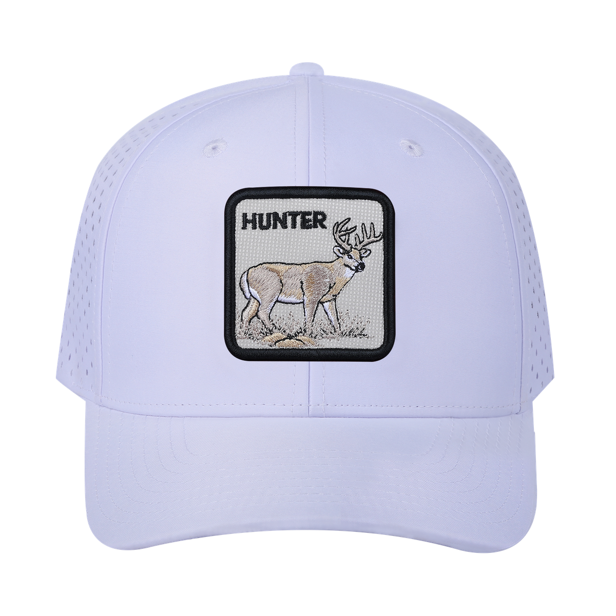 Hunter 6-Panel Microfiber Laser Hole Trucker Hat with White front and White back
