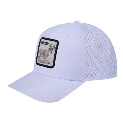 Hunter 6-Panel Microfiber Laser Hole Trucker Hat with White front and White back