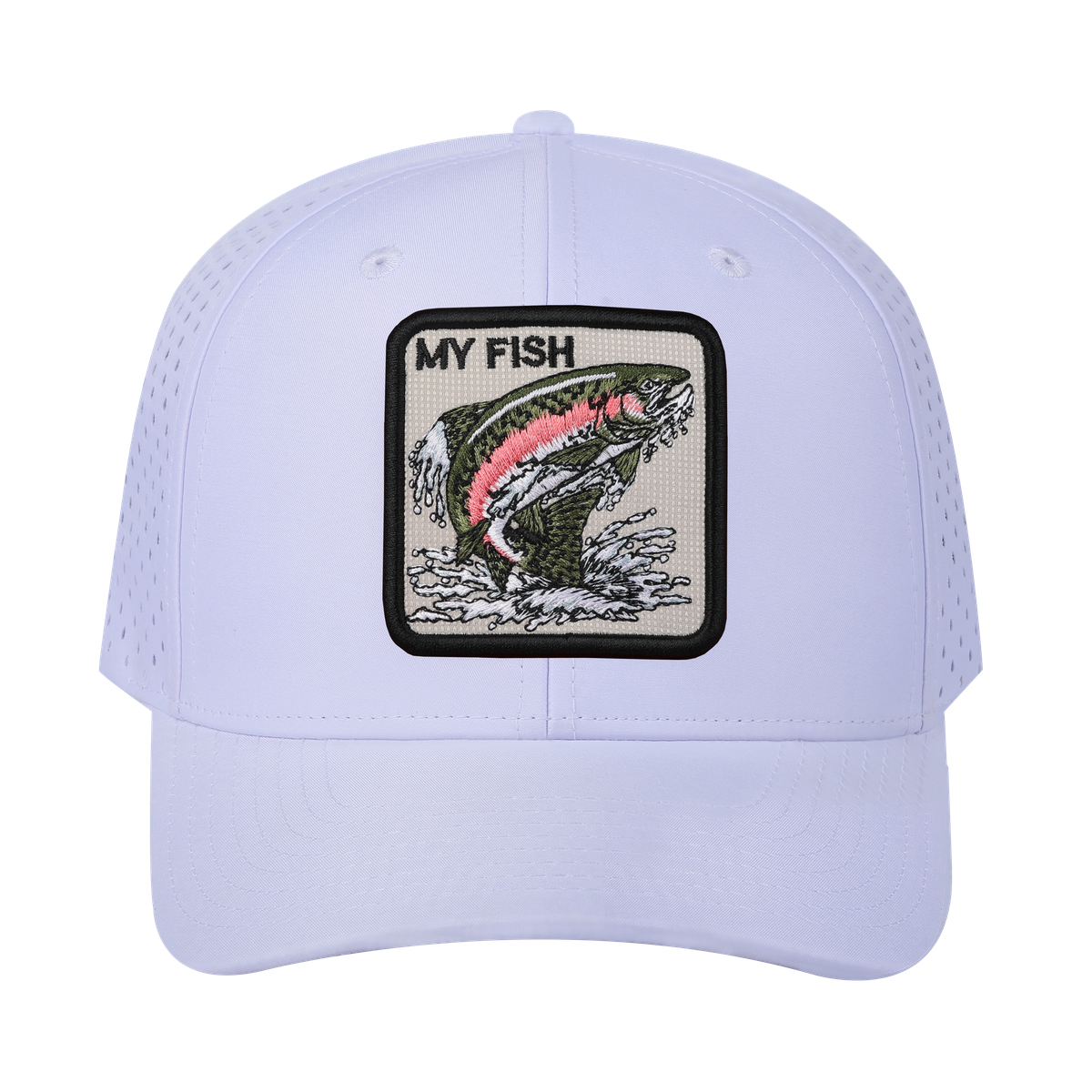 My Fish 6-Panel Microfiber Laser Hole Trucker Hat with White front and White back