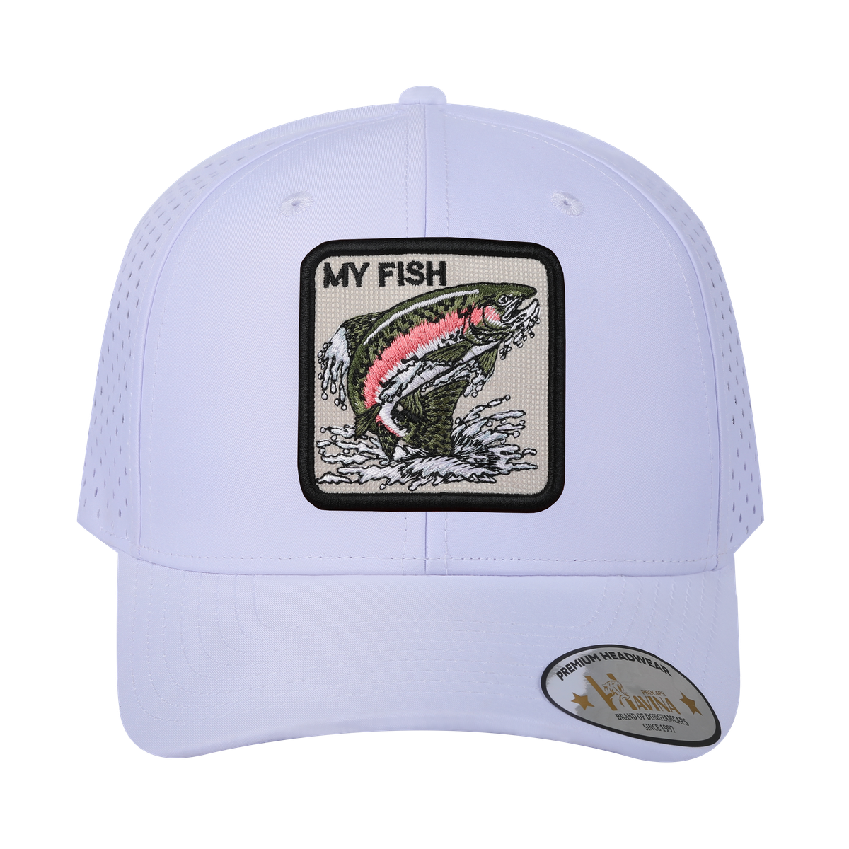 My Fish 6-Panel Microfiber Laser Hole Trucker Hat with White front and White back