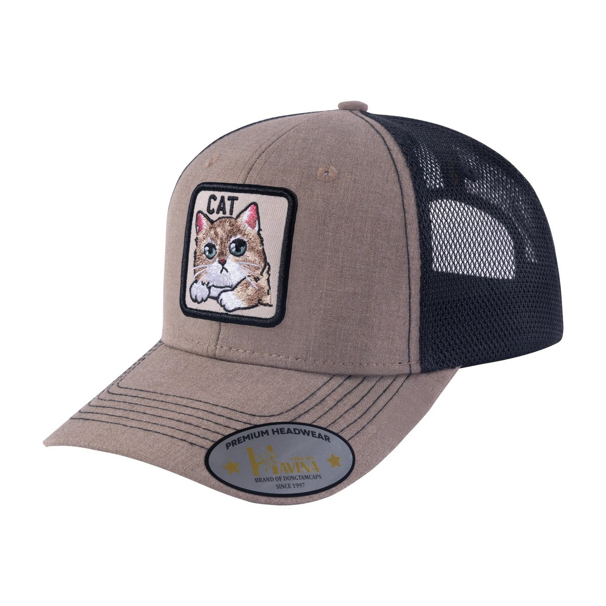 Cat 6-Panel Trucker Hat with Light Brown front and Black back