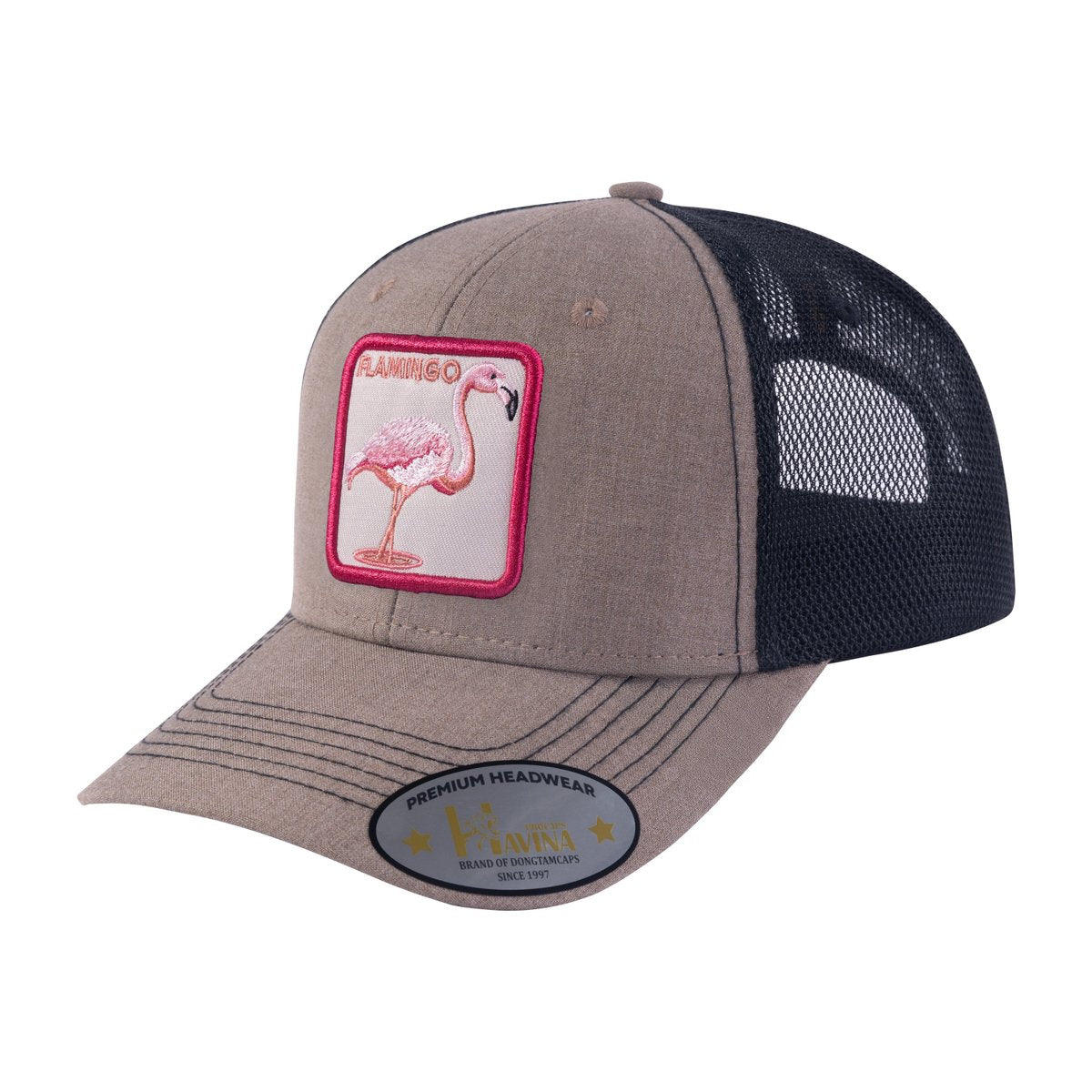 Flamingo 6-Panel Trucker Hat with Light Brown front and Black back