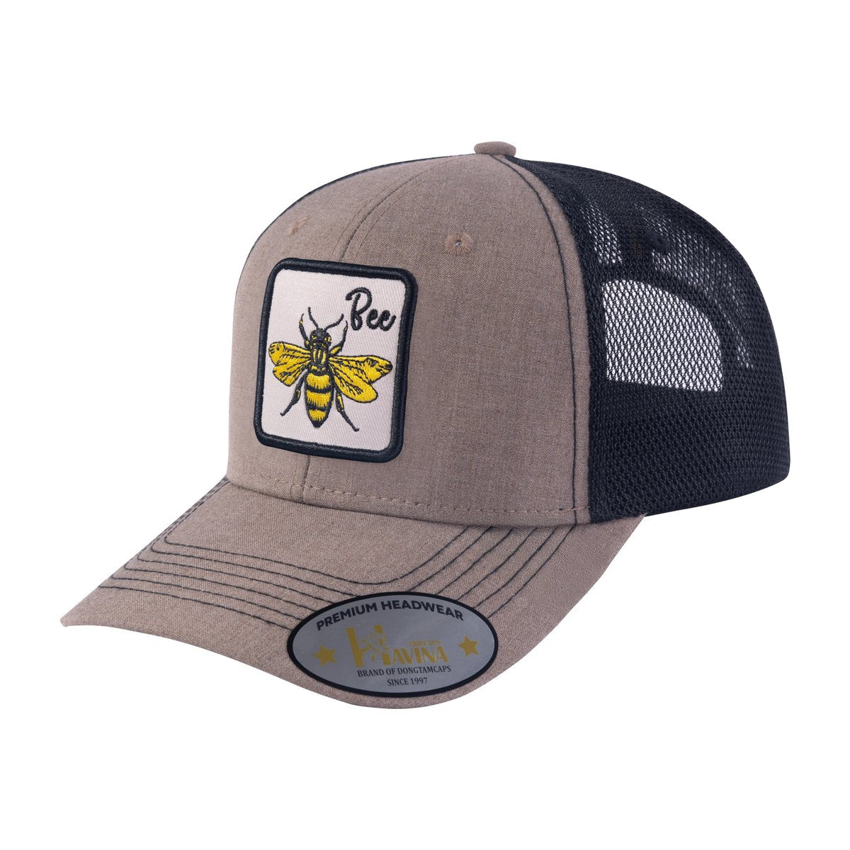 Bee 6-Panel Trucker Hat with Light Brown front and Black back
