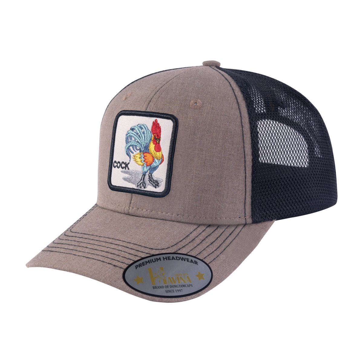 Chicken 6-Panel Trucker Hat with Light Brown front and Black back