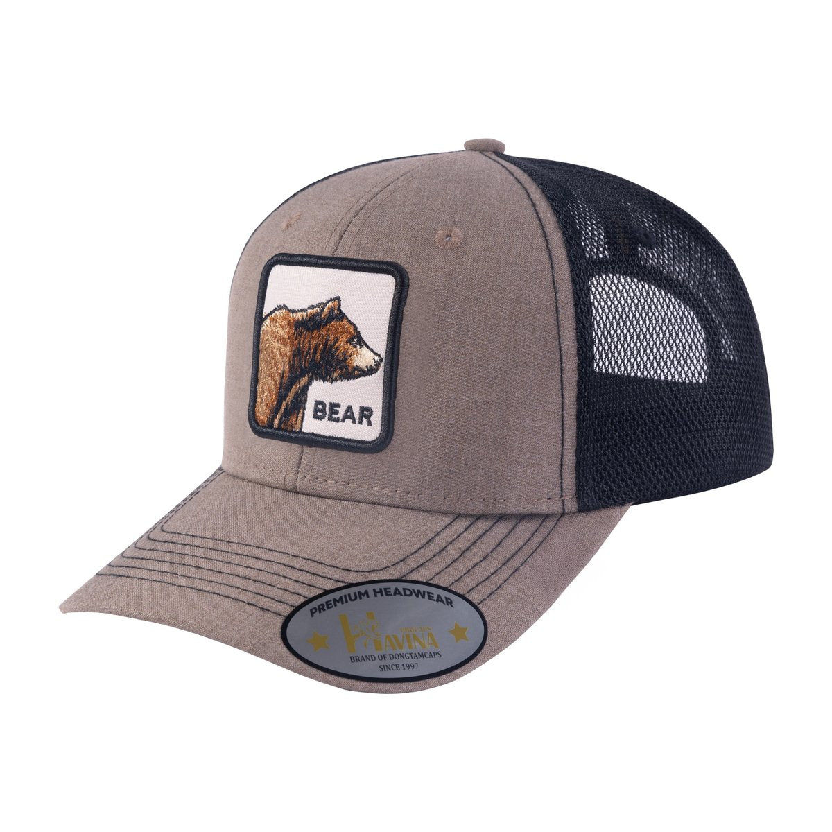 Bear 6-Panel Trucker Hat with Light Brown front and Black back