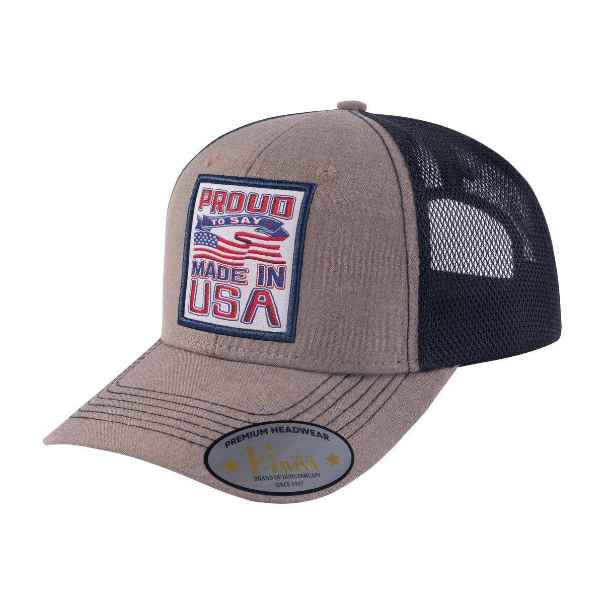 Proud to Say Made in USA 6-Panel Trucker Hat with Light Brown front and Black back