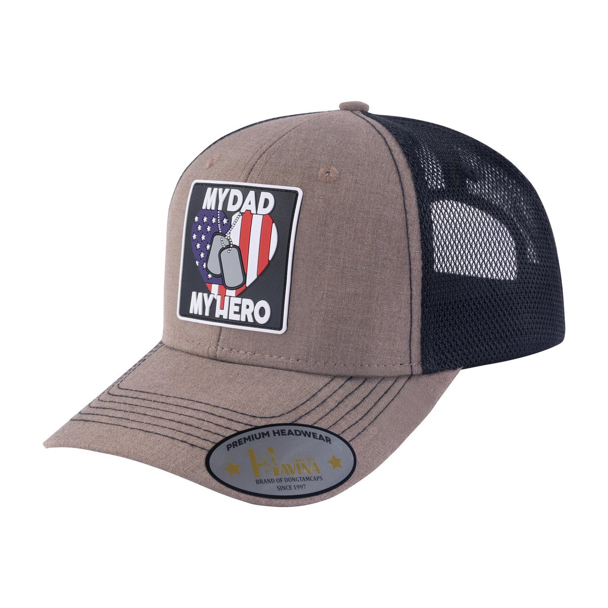 My Dad My Hero 6-Panel Trucker Hat with Light Brown front and Black back