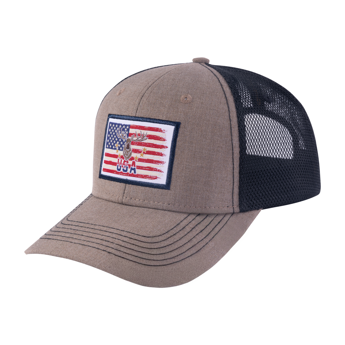 USA Deer Hunter 6-Panel Trucker Hat with Light Brown front and Black back