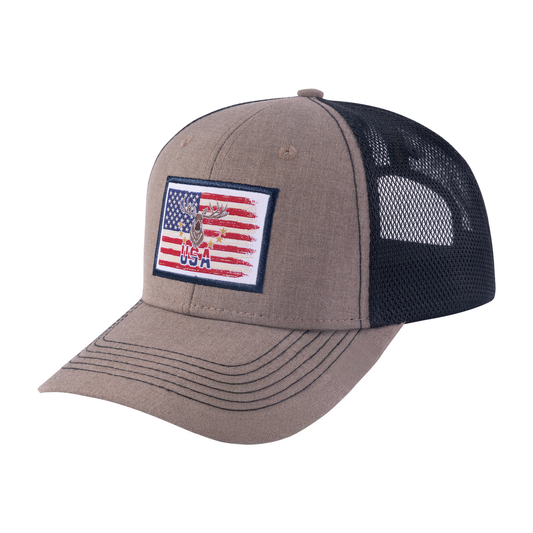 USA Deer Hunter 6-Panel Trucker Hat with Light Brown front and Black back