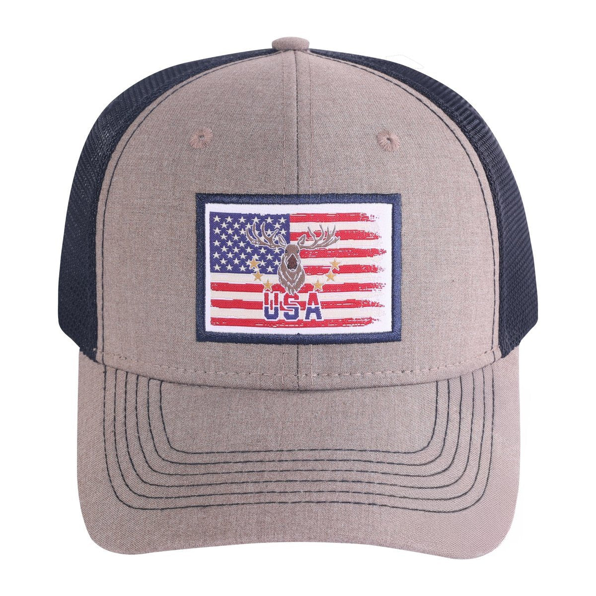 USA Deer Hunter 6-Panel Trucker Hat with Light Brown front and Black back