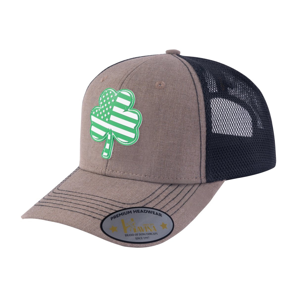 St. Patrick's Day Four Leaf Shamrock 6-Panel Trucker Hat with Light Brown front and Black back